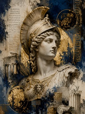 Antike Athena Kunstwerk oder Fine Art Print mit goldblauer Eleganz Antike Athena Kunstwerk oder Fine Art Print mit goldblauer Eleganz