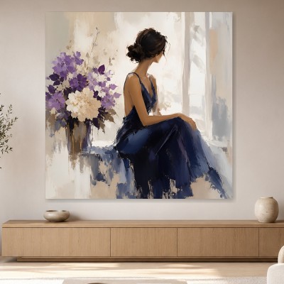 Elegante Frau mit Blumen, als Kunstwerk oder Wandbild