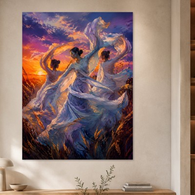 Abstrakte Kunst und Modernes Wandbild mit tanzenden Figuren im Sonnenuntergang