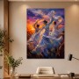 Abstrakte Kunst und Modernes Wandbild mit tanzenden Figuren im Sonnenuntergang