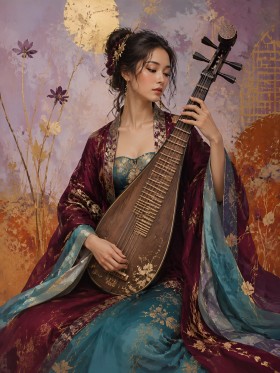 Elegante Musikerin mit Pipa, Kunstwerk oder Modernes Wandbild