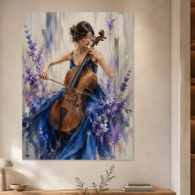 Elegante Cellistin als Kunstdruck oder Leinwandbild in Blau und Violett