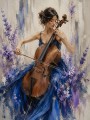 Elegante Cellistin als Kunstdruck oder Leinwandbild in Blau und Violett
