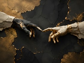 Goldene Berührung als Kunstwerk oder Wandbild mit dunkler Struktur Goldene Berührung als Kunstwerk oder Wandbild mit dunkler Struktur