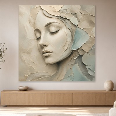 Ruhiges Porträt zwischen Leinwand und Kunstdruck in sanften Pastelltönen