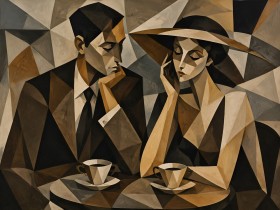 Modernes Wandbild oder Acrylbild in geometrischer Kaffeehaus-Szene