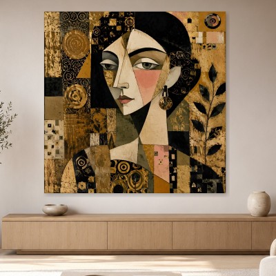 Abstraktes Porträt als Kunstwerk oder Wandbild in Gold und Schwarz