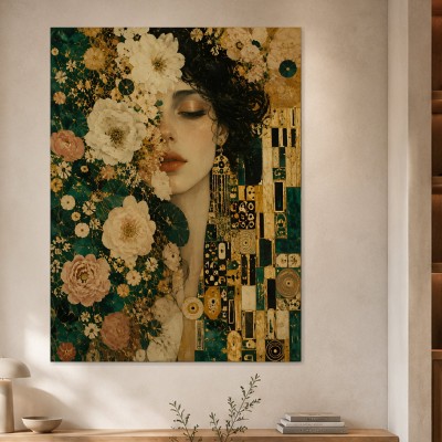 Florales Porträt als Kunstwerk und Wandbild in Gold und Grün