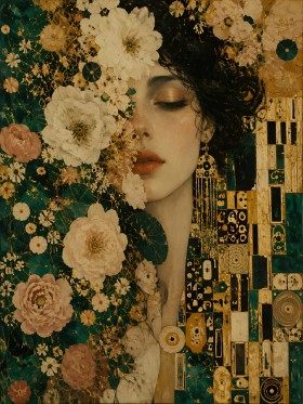 Florales Porträt als Kunstwerk und Wandbild in Gold und Grün Florales Porträt als Kunstwerk und Wandbild in Gold und Grün