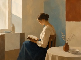 Ruhiges Interieur mit Lesender, Kunstdruck oder Wandbild