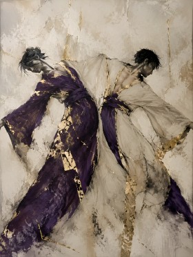 Abstrakte Kunst mit zwei Figuren als Galerie Leinwand oder Poster