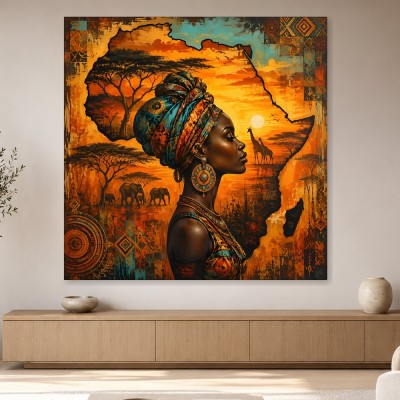 Afrikanische Porträtkunst als Leinwand oder Poster mit Sonnenuntergang
