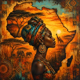 Afrikanische Porträtkunst als Leinwand oder Poster mit Sonnenuntergang