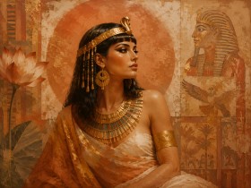 Ägyptische Muse als Wandbild oder Fine Art Print in Gold und Ocker