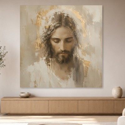 Meditativer Porträtkunstdruck oder modernes Wandbild in Goldtönen