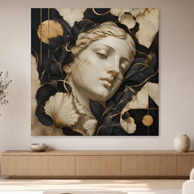 Elegantes Wandbild oder Acrylbild mit goldener Skulptur und Blättern