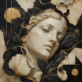 Elegantes Wandbild oder Acrylbild mit goldener Skulptur und Blättern Elegantes Wandbild oder Acrylbild mit goldener Skulptur und Blättern