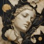 Elegantes Wandbild oder Acrylbild mit goldener Skulptur und Blättern