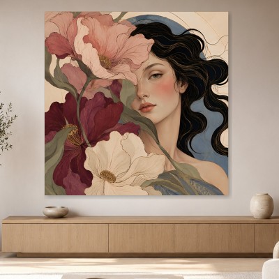 Florale Frauenporträt Kunstwerk oder Wandbild mit sanfter Eleganz