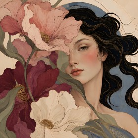 Florale Frauenporträt Kunstwerk oder Wandbild mit sanfter Eleganz Florale Frauenporträt Kunstwerk oder Wandbild mit sanfter Eleganz