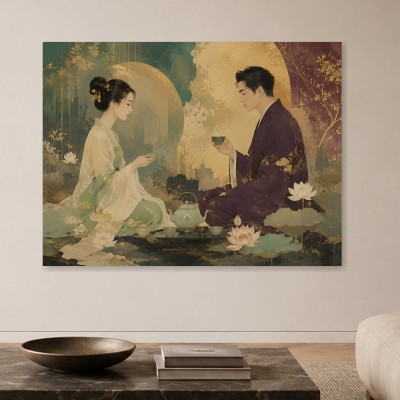 Ostasiatische Teezeremonie als Wandbild oder Kunstwerk mit goldenen Akzenten