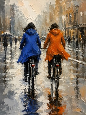 Fahrradfahrer im Regen als Leinwandbild oder Acrylbild Fahrradfahrer im Regen als Leinwandbild oder Acrylbild