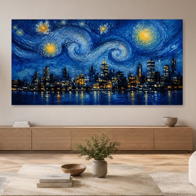 Nächtliche Skyline unter Sternenhimmel, Leinwand oder Acrylbild