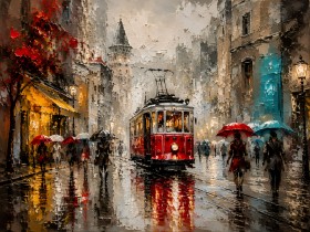 Regen in der Stadt, Wandbild oder Kunstdruck mit roter Straßenbahn Regen in der Stadt, Wandbild oder Kunstdruck mit roter Straßenbahn