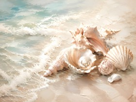 Meeresmuscheln am Ufer als Leinwand oder Poster