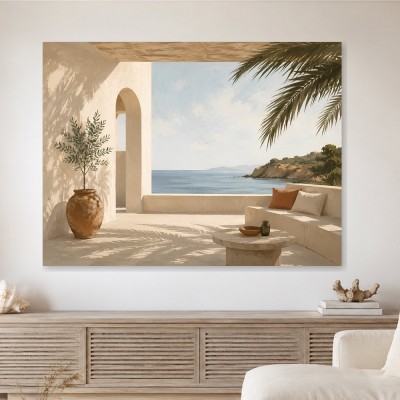 Mediterrane Terrasse am Meer als Leinwand oder Poster