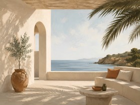 Mediterrane Terrasse am Meer als Leinwand oder Poster Mediterrane Terrasse am Meer als Leinwand oder Poster