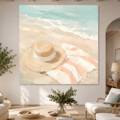 Strandszene mit Hut als Leinwand oder Poster in sanften Pastelltönen