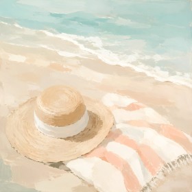 Strandszene mit Hut als Leinwand oder Poster in sanften Pastelltönen