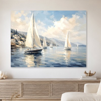 Segelboote am Küstenlicht, Wandbild oder Leinwandbild