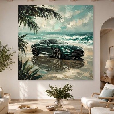 Grüner Sportwagen am Strand, Wandbild oder Fine Art Print