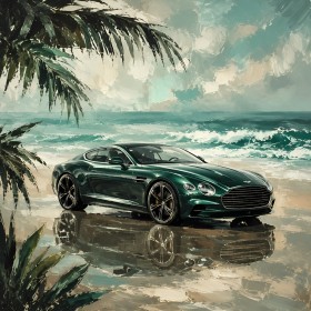 Grüner Sportwagen am Strand, Wandbild oder Fine Art Print
