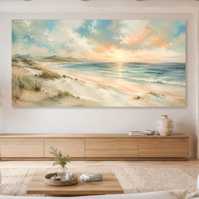 Sanfter Küstenblick als Leinwand oder Poster mit pastellfarbenem Sonnenlicht