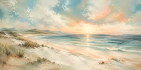 Sanfter Küstenblick als Leinwand oder Poster mit pastellfarbenem Sonnenlicht