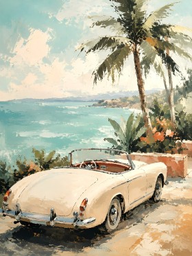 Vintage Cabrio am Meer, Leinwand oder Poster für stilvolle Räume