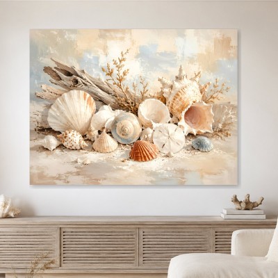 Muscheln und Treibholz als Leinwand oder Poster