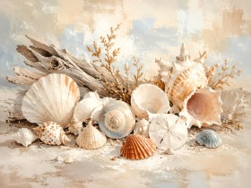 Muscheln und Treibholz als Leinwand oder Poster