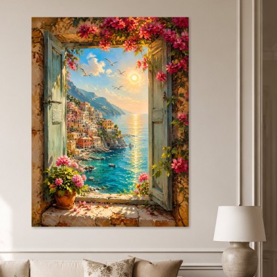 Mediterrane Küstenstadt mit Meerblick als Leinwand oder Poster