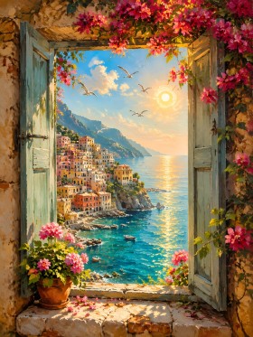Mediterrane Küstenstadt mit Meerblick als Leinwand oder Poster Mediterrane Küstenstadt mit Meerblick als Leinwand oder Poster