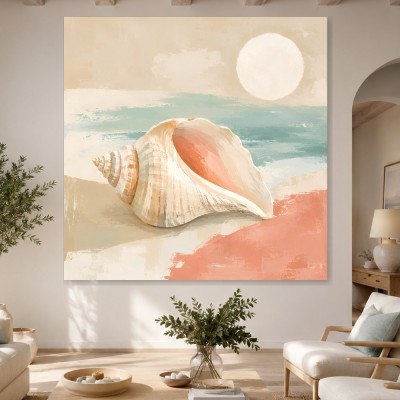 Maritime Muschel am Strand, Leinwand oder Poster im sanften Pastellstil