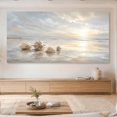 Sanfte Küstenstimmung als Leinwand oder Poster mit Muscheln am Strand