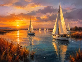 Sonnenuntergang am Wasser, Leinwand oder Poster mit Segelbooten