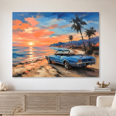 Exotischer Sonnenuntergang am Strand, Poster oder Leinwand im Retro-Stil