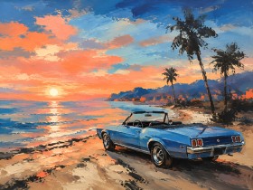 Exotischer Sonnenuntergang am Strand, Poster oder Leinwand im Retro-Stil