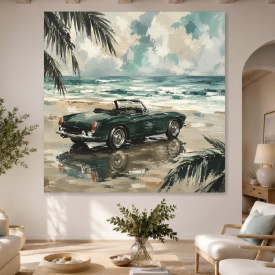 Klassischer Roadster am Strand, Leinwand oder Acrylbild mit Küstenflair