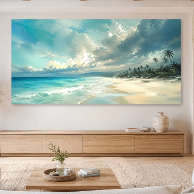 Karibischer Strand bei Licht und Wolken als Leinwand oder Poster